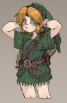  1boy :/ arms_behind_head belt blue_eyes brown_background brown_belt brown_hair child green_hat green_tunic hat highres link male_focus pantsu-ripper phrygian_cap pointy_ears short_hair short_sleeves simple_background solo the_legend_of_zelda the_legend_of_zelda:_ocarina_of_time the_legend_of_zelda:_ocarina_of_time_(remake) tunic young_link 