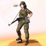  1girl assault_rifle belt black_hair blue_eyes boots camouflage cold_war commentary edward_y_brad english_commentary french_army french_commentary full_body gun hat highres holding holding_gun holding_weapon holster long_hair looking_at_viewer military military_combat_uniform military_fatigues military_hat military_uniform military_vehicle original pants pouch rifle solo standing stg44 trigger_discipline weapon 