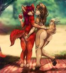  4_toes 5_fingers anthro bare_back black_nose blue_eyes blurred_background brown_hair butt canine day digitigrade dog duo eyebrows female fur green_eyes hair kaiotawolf looking_at_viewer mammal nude outside purple_hair red_nose standing tan_fur toes wide_hips 