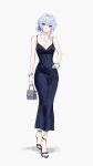  1girl absurdres alternate_costume bag bare_shoulders blue_dress blue_hair blue_nails breasts cleavage closed_mouth cocktail_dress commentary dress english_commentary feet feint721 full_body genshin_impact grey_bag hand_on_own_hip handbag highres holding holding_bag looking_at_viewer medium_breasts nail_polish odette_(genshin_impact) open-toe_shoes purple_eyes sandals simple_background sleeveless sleeveless_dress solo spaghetti_strap standing strappy_heels toenail_polish toenails toes white_background 