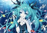  air_bubble aqua_hair black_dress black_nails blue_eyes breasts bubble cleavage die_ying dress eyes_visible_through_hair fish hair_ribbon hands_clasped hatsune_miku interlocked_fingers light long_hair nail_polish own_hands_together ribbon shinkai_shoujo_(vocaloid) small_breasts solo twintails underwater upper_body vocaloid 