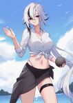  1girl absurdres arlecchino_(genshin_impact) bikini bikini_under_clothes black_bikini black_eyes black_hair black_sarong blue_sky breasts coconut coconut_cup commentary earrings food fruit fruit_as_cup genshin_impact highres holding holding_food holding_fruit huanyueyuhua jewelry large_breasts long_hair looking_at_viewer midriff multicolored_hair navel necklace sarong sky smile solo swimsuit symbol-shaped_pupils thigh_strap thighs two-tone_hair very_long_hair white_hair x-shaped_pupils 