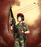  1girl army_of_the_republic_of_vietnam assault_rifle bayonet beret black_hair brown_eyes camouflage cold_war edward_y_brad gun hat helmet highres holding holding_gun holding_weapon looking_at_viewer m16 m16a1 magazine_(weapon) medium_hair military military_combat_uniform military_fatigues military_uniform original rifle sheath solo trigger_discipline vietnam_war weapon 