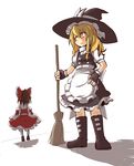  apron bare_shoulders blonde_hair boots bow broom brown_hair detached_sleeves fingerless_gloves full_body gloves hair_bow hakurei_reimu hat highres kirisame_marisa kumo_(atm) long_sleeves looking_at_another multiple_girls puffy_short_sleeves puffy_sleeves shadow short_sleeves standing touhou waist_apron witch_hat yellow_eyes 