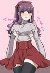  black_legwear blue_eyes blush bow breast_lift breasts covered_nipples flying_sweatdrops hair_bow large_breasts long_hair long_sleeves mironomeo new_game! nose_blush pink_background purple_hair ribbed_sweater simple_background solo_focus sweater takimoto_hifumi tears thighhighs turtleneck 