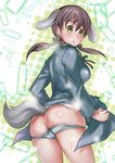  animal_humanoid blush bottomless breasts brown_eyes brown_hair butt canine clothed clothing dog dog_humanoid female gertrud_barkhorn hair humanoid looking_back mammal mozuuku pose smile solo strike_witches sweat underwear 