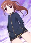  1girl bare_legs bottomless long_sleeves naked_track_jacket no_panties no_pants nude saki takakamo_shizuno 