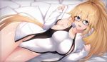  anza_tomo bangs bare_shoulders black-framed_eyewear blush breasts collarbone competition_swimsuit covered_navel fate/grand_order fate_(series) glasses hair_between_eyes highleg highleg_swimsuit hips jacket jeanne_d&#039;arc_(fate)_(all) jeanne_d&#039;arc_(swimsuit_archer) jeanne_d'arc_(fate) jeanne_d'arc_(fate)_(all) jeanne_d'arc_(swimsuit_archer) large_breasts long_hair long_sleeves looking_at_viewer one-piece_swimsuit open_clothes open_jacket open_mouth ponytail smile solo swimsuit thighs very_long_hair white_jacket white_swimsuit 