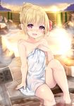  :d arm_at_side arm_support bangs barefoot bath blonde_hair blush breasts bucket collarbone covering eyebrows eyebrows_visible_through_hair fang fence hair_bun hair_up highres knee_up looking_at_viewer nude_cover onsen open_mouth red_eyes rock rumia shiny shiny_skin short_hair sitting sky small_breasts smile soaking_feet solo steam touhou towel water white_towel wooden_bucket wooden_fence wowoguni 