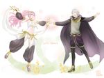  1girl ^_^ braid bridal_gauntlets cape closed_eyes commentary_request dancing fire_emblem fire_emblem:_kakusei henry_(fire_emblem) long_hair long_sleeves olivia_(fire_emblem) open_mouth otoka_hisagi pink_hair ponytail short_hair smile white_hair 