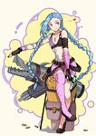  1girl belt blue_hair braid gloves high_heels jinx_(league_of_legends) league_of_legends long_hair pink_eyes shorts single_thighhigh sitting smile tattoo thighhighs twin_braids weapons 