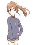  1girl bare_legs bottomless female long_sleeves naked_track_jacket no_panties no_pants saki simple_background solo takakamo_shizuno white_background 