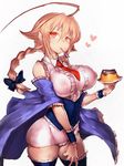  ahoge bare_shoulders blazblue blonde_hair blue_bow blue_legwear blush bow braid breasts center_frills collared_shirt corset covered_nipples cowboy_shot detached_sleeves es_(xblaze) food frilled_legwear frills fumio_(rsqkr) hair_between_eyes hair_bow head_tilt heart holding holding_plate huge_ahoge large_breasts long_hair looking_at_viewer mouth_hold necktie plate pudding red_eyes red_neckwear shirt simple_background single_braid sketch sleeveless sleeveless_shirt solo standing thighhighs white_background wide_sleeves wing_collar xblaze xblaze_code:_embryo 
