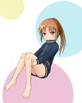  1girl bare_legs barefoot bottomless female full_body long_sleeves naked_track_jacket no_panties no_pants saki solo takakamo_shizuno white_background 