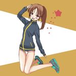  1girl bare_legs bottomless female full_body long_sleeves naked_track_jacket no_panties no_pants saki solo takakamo_shizuno 