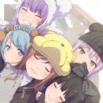  5girls ^_^ aiba_aina animal_hat animal_hood aqua_hair ayasaka bang_dream! bangs bear_hat black_bow black_hair black_hat bow brown_eyes brown_hair character_hat closed_eyes coat commentary_request disneyland dutch_angle eyes_closed green_eyes grey_hair grin group_picture hair_bow hand_on_another&#039;s_shoulder hand_on_another's_shoulder hat hikawa_sayo hood hood_up imai_lisa kudou_haruka_(seiyuu) long_hair looking_at_viewer mickey_mouse_ears minato_yukina multiple_girls nakashima_yuki parted_lips paw_pose photo-referenced pooh purple_hair roselia_(bang_dream!) sakuragawa_megu seiyuu_connection shirokane_rinko shizaki_kanon sleeves_past_wrists smile u_u udagawa_ako winnie_the_pooh yellow_hat 