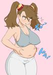 belly_grab blush breasts brown_hair covered_nipples fat gundam gundam_build_fighters gundam_build_fighters_try large_breasts mikoyan navel open_mouth pink_background sazaki_kaoruko simple_background solo tank_top thighhighs translation_request twintails weight_conscious white_legwear 