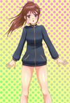  1girl bare_legs bottomless female gradient gradient_background long_sleeves naked_track_jacket no_panties no_pants saki solo takakamo_shizuno 