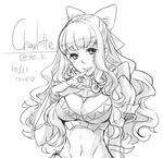  armor bow breasts character_name charlotte_(fire_emblem_if) cleavage dated fire_emblem fire_emblem_if greyscale hair_bow large_breasts long_hair monochrome solo tokusa_riko 
