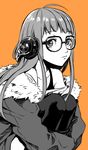  fur_trim glasses greyscale headphones jacket leg_hug long_hair monochrome persona persona_5 sakura_futaba solo ueno_(heartbreakman) 