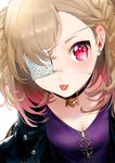  bandages blonde_hair braid breasts cleavage collar earrings eyepatch jewelry medical_eyepatch medium_breasts mole mole_under_eye mole_under_mouth ogino_atsuki original red_eyes solo tongue tongue_out twin_braids 
