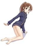  1girl ass bare_legs barefoot bottomless female full_body long_sleeves naked_track_jacket no_panties no_pants saki simple_background solo takakamo_shizuno white_background 