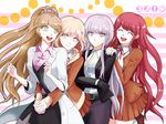  brown_hair closed_eyes danganronpa danganronpa/zero danganronpa_3 flipped_hair girl_sandwich gloves green_eyes hair_ornament hair_ribbon high_ponytail hood hoodie hug hug_from_behind kibougamine_gakuen_school_uniform kirigiri_kyouko labcoat long_hair multiple_girls nanami_chiaki nyangorobei otonashi_ryouko ponytail purple_eyes purple_hair red_hair ribbon sandwiched school_uniform scrunchie short_hair smile yukizome_chisa 