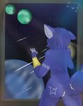  2016 4_fingers anthro blue_fur blue_hair butt canine clothing colored detailed_background digital_drawing_(artwork) digital_media_(artwork) e-01_(artist) female fox fur hair krystal mammal nintendo nude planet pussy shaded solo space star star_fox video_games white_fur window 