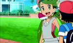  blonde_hair bounsweet green_eyes green_hair hand_holding hat lillie_(pokemon) mao_(pokemon) pikachu pokemon pokemon_(anime) pokemon_sm satoshi_(pokemon) 