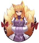  animal_ears blonde_hair bow breasts dress eyebrows eyebrows_visible_through_hair fox_ears fox_tail fusion gap hair_ribbon hands_in_opposite_sleeves iwbitu-sa large_breasts long_hair multiple_tails ribbon simple_background smile solo tail touhou tress_ribbon white_background yakumo_ran yakumo_yukari yellow_eyes 