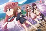  4girls bare_legs bottomless breasts female long_sleeves multiple_girls naked_track_jacket nature no_panties no_pants outdoors plant saki school_uniform skirt sky takakamo_shizuno uniform 