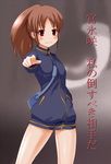  1girl bare_legs bottomless female gradient gradient_background long_sleeves naked_track_jacket no_panties no_pants saki solo takakamo_shizuno 