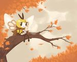 autumn_leaves cup drawfag drink falling_leaves gen_7_pokemon highres in_tree leaf looking_at_viewer mug no_humans non-web_source outdoors pokemon pokemon_(creature) radl ribombee sitting smile tree 