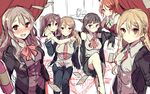 alternate_costume aquila_(kantai_collection) bare_shoulders blonde_hair blush bottle brown_eyes brown_hair drunk formal glasses hair_between_eyes ikeuchi_tanuma jacket kantai_collection libeccio_(kantai_collection) littorio_(kantai_collection) long_hair long_sleeves looking_at_viewer money multiple_girls necktie no_hat no_headwear open_mouth orange_hair pola_(kantai_collection) roma_(kantai_collection) sitting sketch smile suit tray twintails wavy_hair zara_(kantai_collection) 