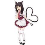  animal_ears braid cat_ears cat_tail dress finger_to_mouth hair_over_shoulder heart heart_tail high_heels highres holding long_hair multiple_tails nekomata_(youkai_hyakki-tan!) official_art open_mouth pigeon-toed short_sleeves simple_background single_stripe solo tail thighhighs underbust white_background white_legwear yellow_eyes youkai_hyakki-tan! 