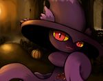  ambiguous_gender fence feral fog food forest fruit ghost grass hat light mismagius nintendo pok&eacute;mon pumpkin purple_body red_eyes solo spirit tree unknown_artist video_games witch_hat yellow_sclera 