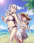  bikini blue_sky breasts cleavage cloud commentary_request day female_my_unit_(fire_emblem_if) fire_emblem fire_emblem_if hair_between_eyes hairband hat highres hiyori_(rindou66) large_breasts long_hair multiple_girls my_unit_(fire_emblem_if) navel ocean outdoors palm_tree pink_hair pointy_ears red_eyes sakura_(fire_emblem_if) sand short_hair sky small_breasts sun_hat swimsuit tree water 