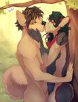  black_hair black_nose branch brown_hair canine chest_tuft dog dyaniful female freckles french_kissing green_background green_eyes hair husky kissing leaves leila_snowpaw leiland_snowpaw male male/female mammal red_eyes scarlett_vithica simple_background tender_embrace thigh_up tongue tree tuft wolf 