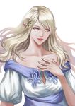  bare_shoulders blonde_hair collarbone elezen elf final_fantasy final_fantasy_xiv hand_on_own_chest heterochromia highres long_hair looking_at_viewer parted_lips pengnangehao pointy_ears smile solo 