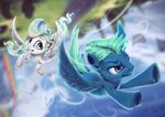  assasinmonkey blue_eyes blue_feathers blue_fur blue_hair duo equine eyelashes feathers feral flying fur hair hooves mammal my_little_pony nude pegasus smile spread_wings teeth white_feathers white_fur white_hair wings 