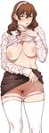  after_sex ashigara_(kantai_collection) ass_visible_through_thighs bangs black_skirt blush breasts brown_eyes brown_hair collared_shirt cowboy_shot cum cum_in_pussy cumdrip cumdrip_onto_panties dress_shirt feet_out_of_frame hairband highres ikarin kantai_collection large_breasts lifted_by_self long_sleeves looking_at_viewer miniskirt nipples no_bra open_mouth panties panty_pull pencil_skirt pink_panties pubic_hair pussy pussy_juice shirt skirt skirt_lift solo thigh_gap thighhighs transparent_background underwear white_legwear white_shirt wrinkles 