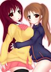  2girls bare_legs blush bottomless breast_envy breasts brown_hair female gradient gradient_background large_breasts long_hair long_sleeves looking_at_viewer multiple_girls naked_track_jacket no_panties no_pants open_mouth ponytail purple_hair red_eyes saki school_uniform skirt takakamo_shizuno uniform white_background 