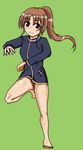  1girl bare_legs barefoot bottomless female full_body long_sleeves naked_track_jacket no_panties no_pants saki simple_background solo takakamo_shizuno 