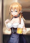  alcohol anchor_hair_ornament beer beer_mug blonde_hair blue_eyes blush breasts cleavage dirndl dress german_clothes hair_ornament hand_on_own_chest highres iron_cross kantai_collection large_breasts long_hair looking_at_viewer low_twintails max30788 oktoberfest open_mouth prinz_eugen_(kantai_collection) smile solo twintails underbust 