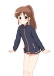  1girl bare_legs bottomless female long_sleeves naked_track_jacket no_panties no_pants saki solo takakamo_shizuno white_background 