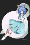  artist_name blue_dress blue_eyes blue_hair dress flower frilled_dress frills full_body hagoromo hair_ornament hair_rings hair_stick hand_on_own_chin high_heels highres kaku_seiga namauni ofuda shawl short_sleeves smile solo touhou vest white_vest 