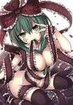  alternate_costume arched_back ass between_breasts black_legwear breasts facial_mark frills green_eyes green_hair highres janne_cherry kagiyama_hina large_breasts looking_at_viewer mouth_hold naked_ribbon red_ribbon ribbon smile solo thighhighs touhou white_background 