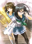  bad_id bad_pixiv_id black_hair blue_eyes brown_eyes brown_hair collarbone euphonium glasses green_neckwear hibike!_euphonium highres instrument long_hair looking_at_viewer looking_away multiple_girls neckerchief oumae_kumiko pantyhose scarf school_uniform serafuku short_hair socks supe_(yuusyasupepen) tanaka_asuka white_legwear 