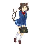  :3 animal_ears blazer braid briefcase brown_hair carrying cat_ears cat_tail full_body highres jacket loafers long_sleeves multiple_tails nekomata_(youkai_hyakki-tan!) official_art pleated_skirt shoes short_hair simple_background skirt solo tail v_arms white_background yellow_eyes youkai_hyakki-tan! 