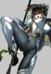  arm_guards bangs black_hair blurry bodysuit breasts bun_cover cape chinese_clothes cloud_print covered_navel covered_nipples crotch depth_of_field double_bun erect_nipples fate/grand_order fate_(series) fighting_stance fingerless_gloves gloves green_eyes grey_background highres holding holding_weapon leg_up medium_breasts open_mouth polearm qin_liangyu_(fate) rahato sidelocks skin_tight solo spear standing standing_on_one_leg upper_teeth weapon white_cape 